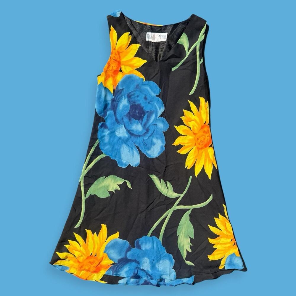 Vintage 90s Minimal Jessica Howard Dress Black Moody Oversize Florals Mid-Thigh